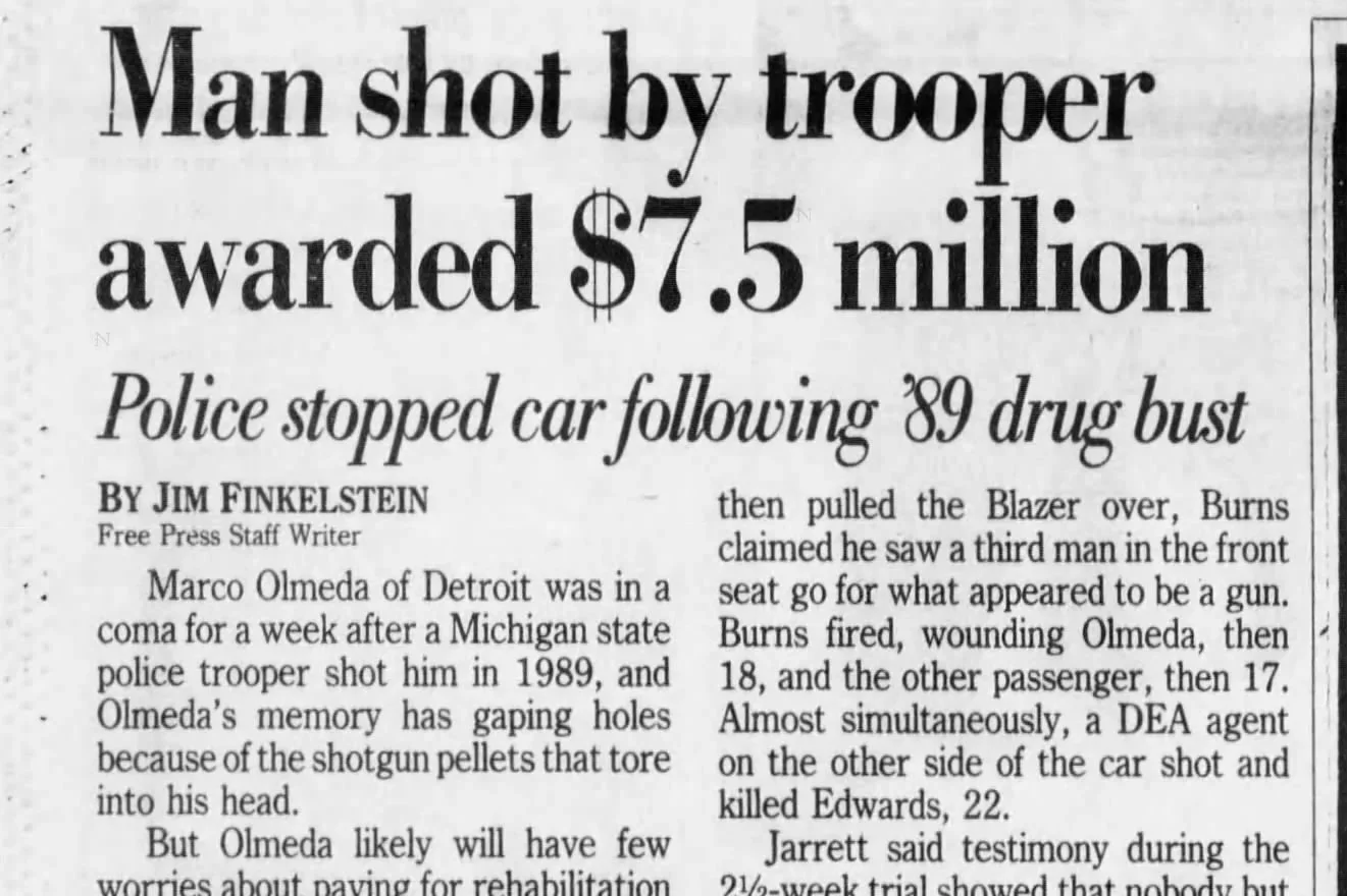 Detroit Freepress Newspaper clipping from Ernest L. Jarrett’s civil rights litigation archive: “Man shot by trooper awarded $7.5 million.”