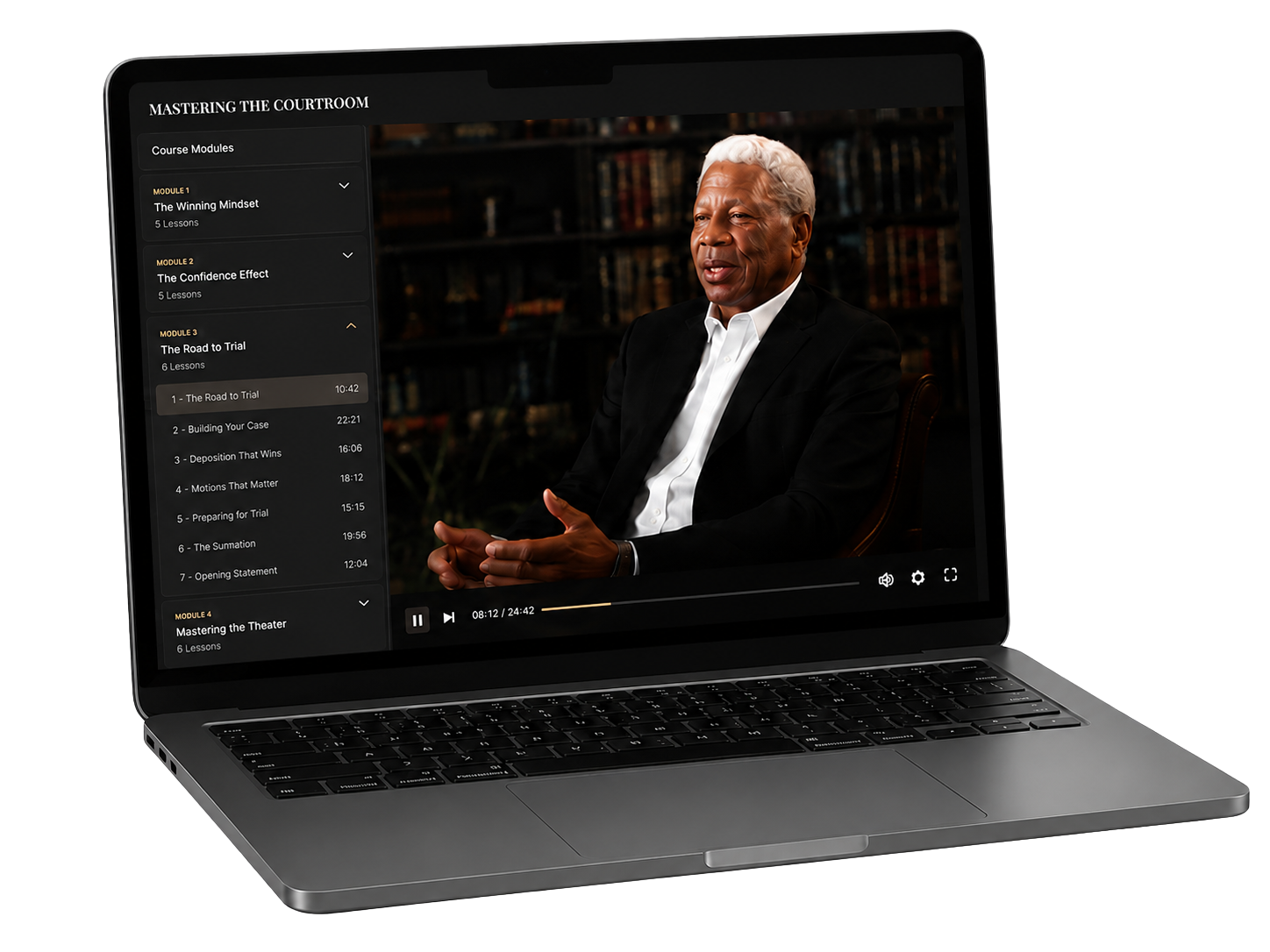 Mastering the Courtroom course interface shown on a laptop with Ernest L. Jarrett teaching a video lesson.