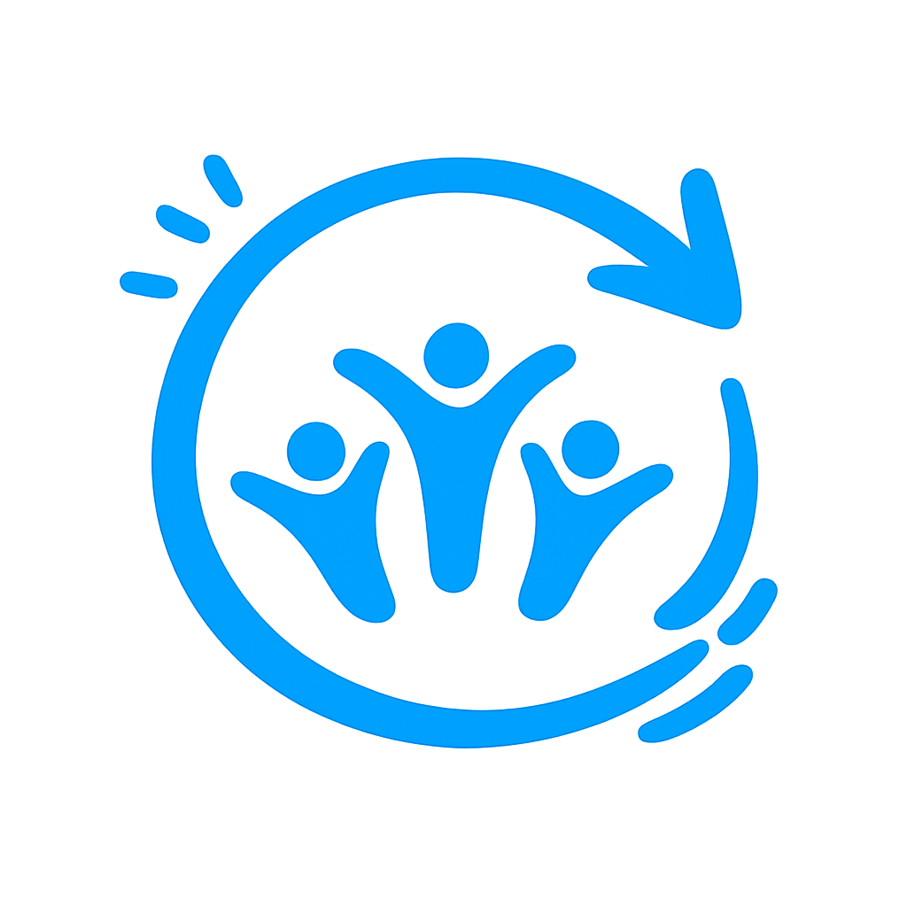 Blue icon of three people with their arms raised inside a circular arrow, symbolizing teamwork and community.