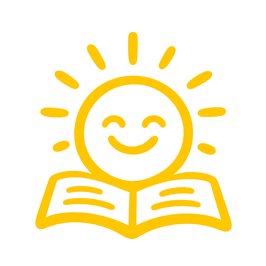 A cheerful, smiling sun with closed eyes above an open book, all in yellow line art on a black background.