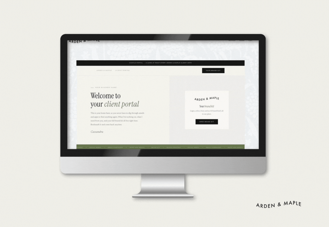 The Arden & Maple client portal and brand kit shown on a computer screen