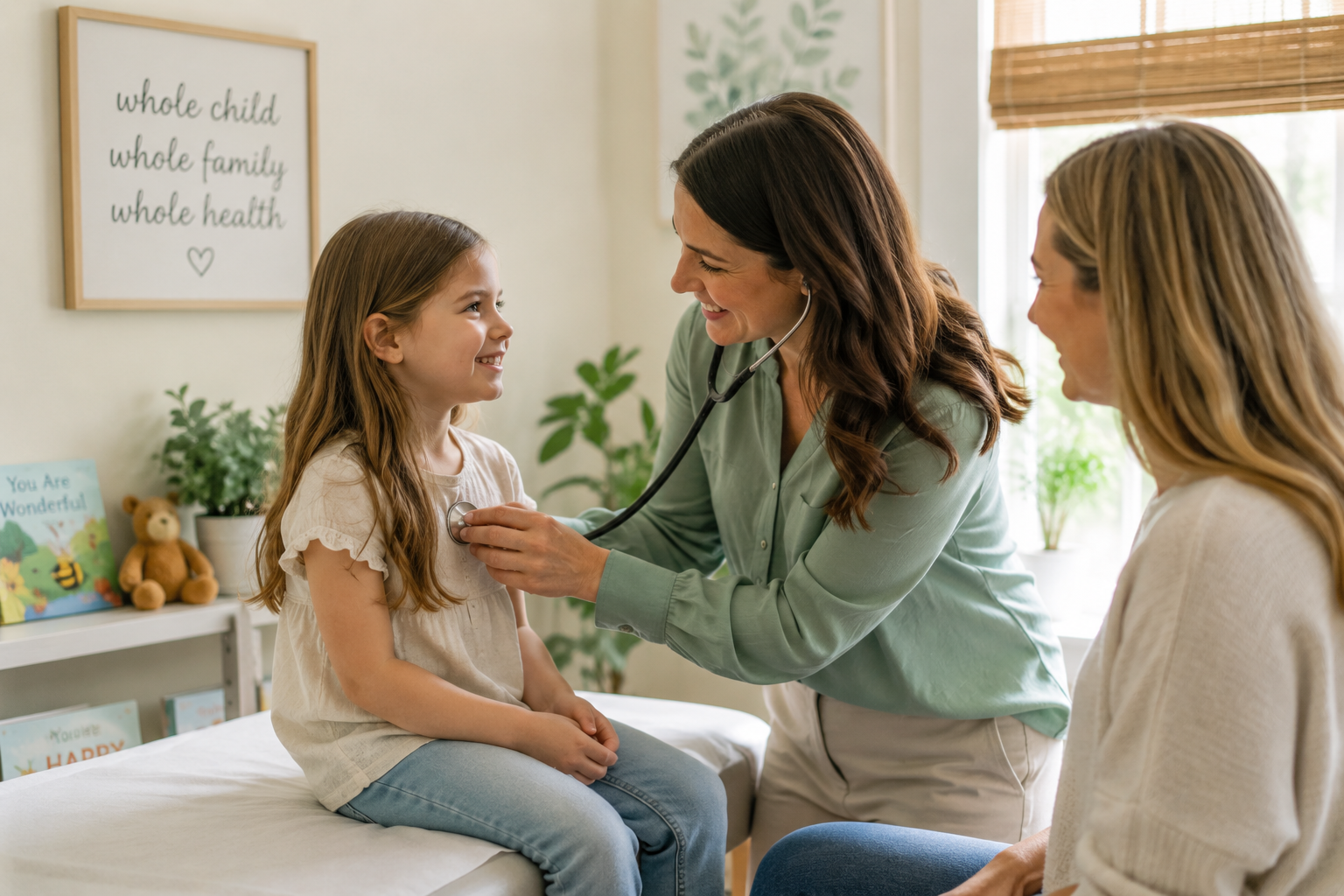 A doctor using a stethoscope to examine a young girl in a clinic, with her mother sitting nearby. The room has a framed quote on the wall and children's books on a shelf.