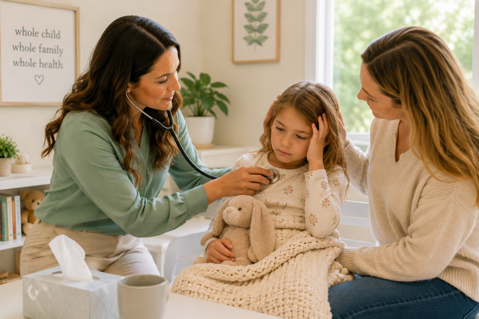A young girl sitting on a bed with a stuffed bunny, looking worried, as a female healthcare professional checks her heartbeat with a stethoscope, while her mother holds her and comforts her in a bright, homey room.