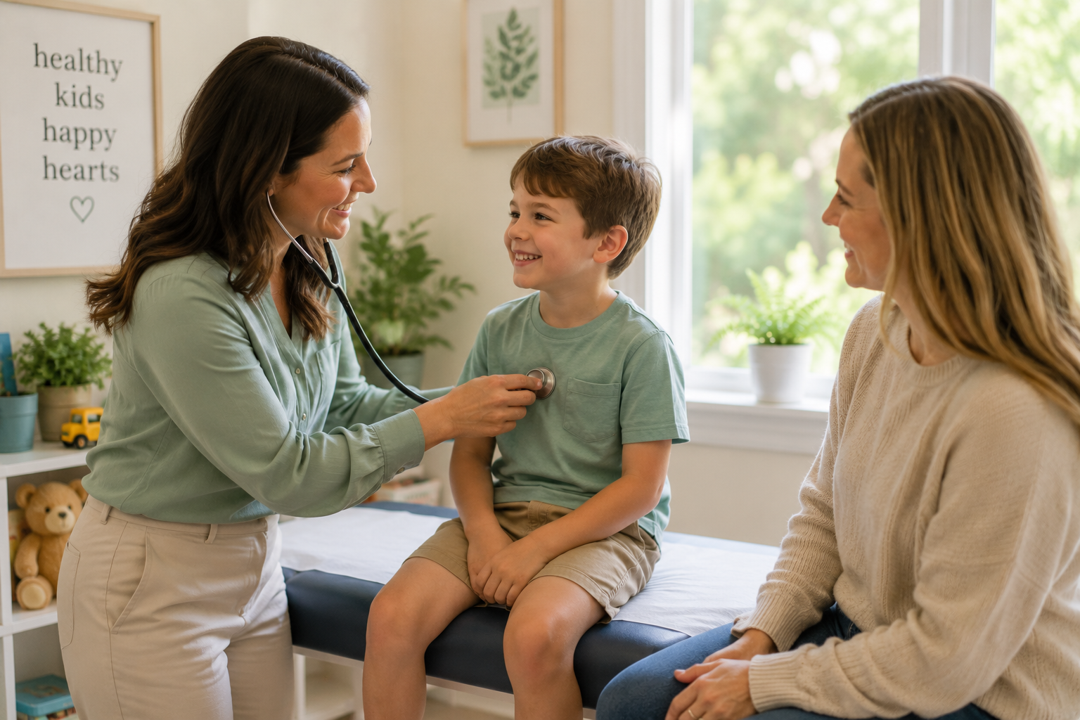 A female doctor uses a stethoscope on a young boy sitting on an examination table, with a woman, possibly his mother, sitting nearby in a well-lit room with a window and child-friendly decorations.