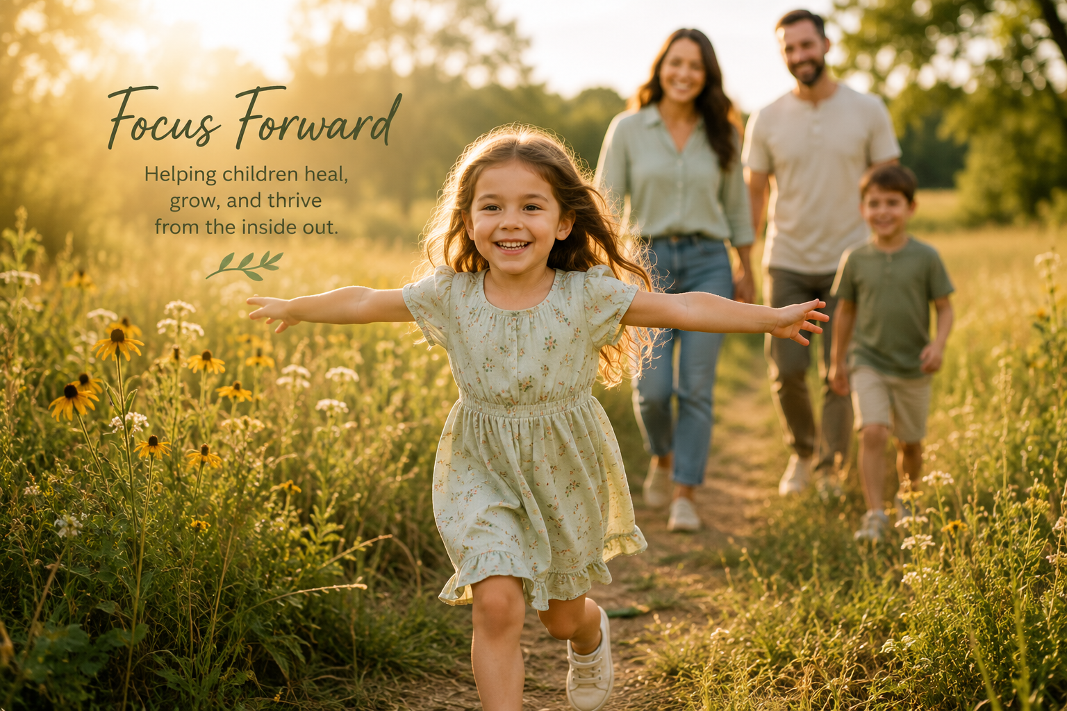 A happy family of four, including a young girl running with arms outstretched, walking on a trail through a field of wildflowers during sunset, with nature and trees in the background.