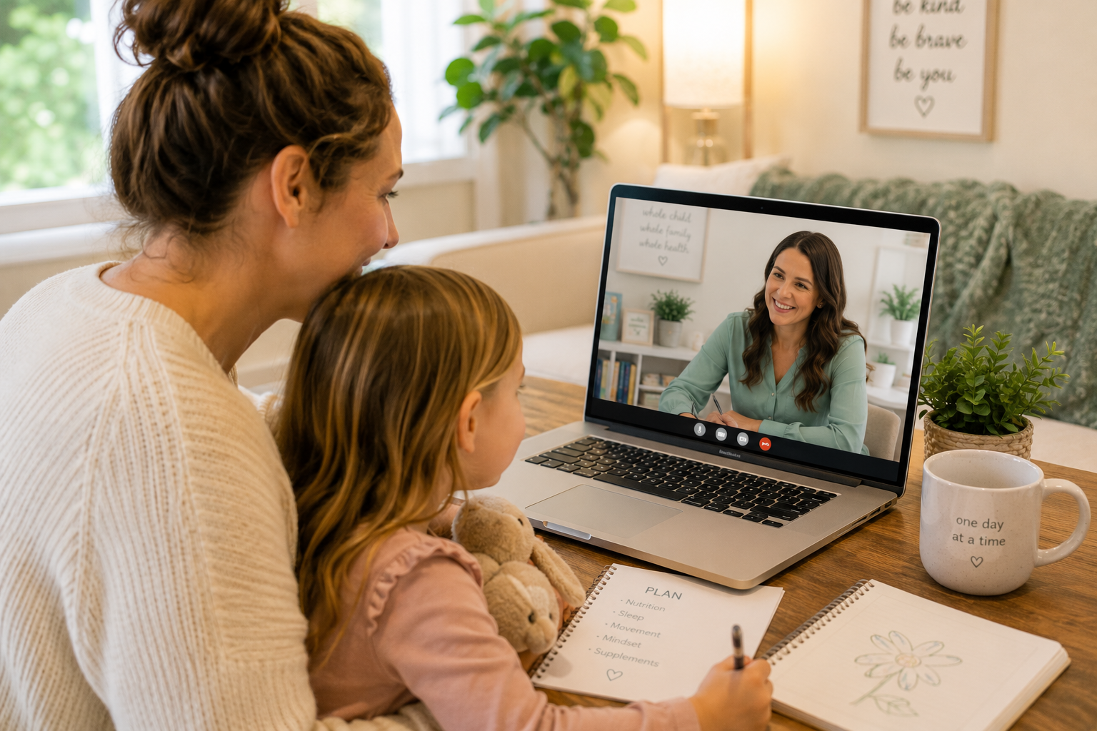 A woman and a young girl are sitting at a table in a living room, having a video call with a smiling woman on a laptop screen. The girl is holding a teddy bear and writing in a notebook, while the woman is looking at the screen. There are notebooks, a potted plant, a mug, and a framed quote in the background.