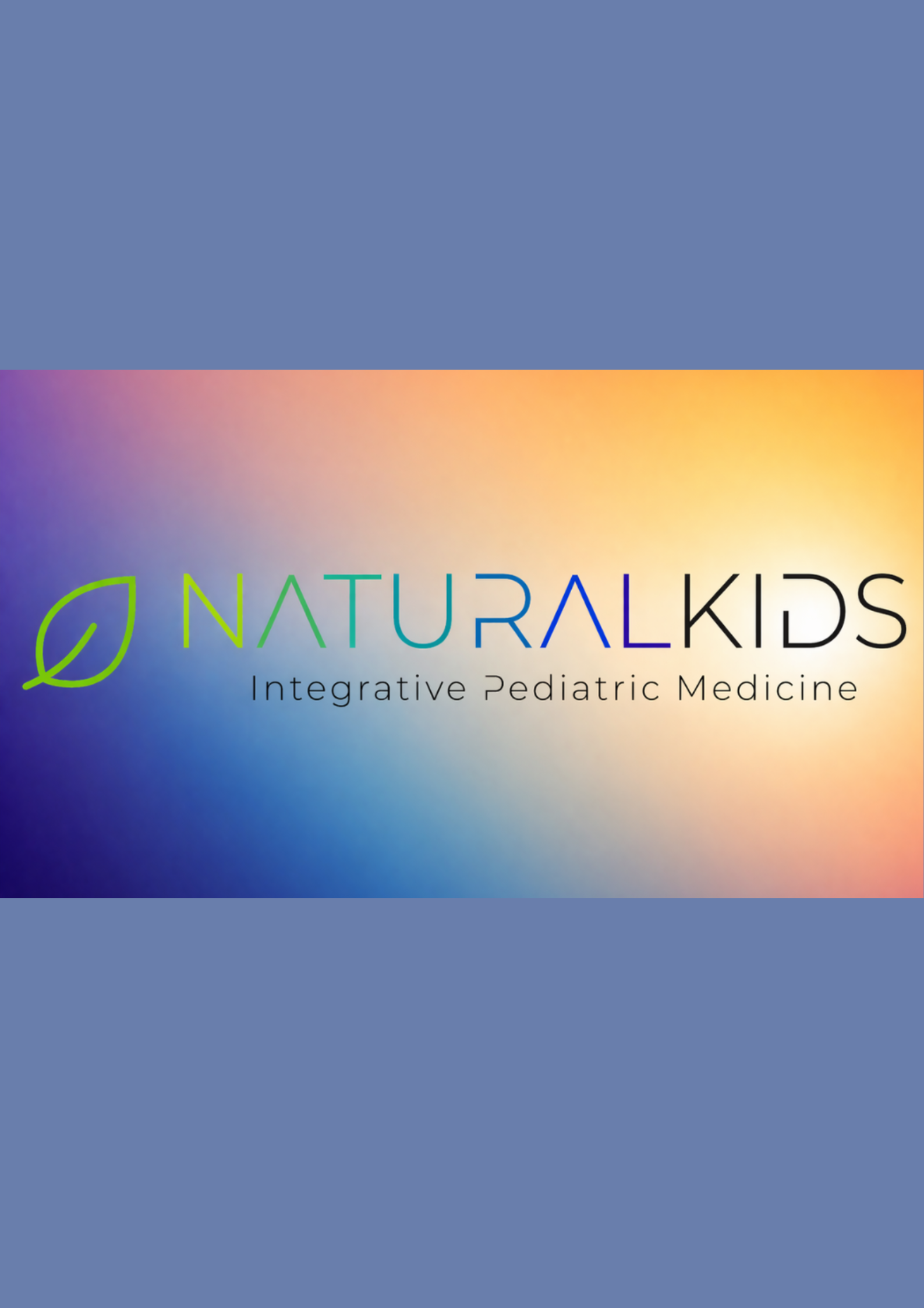 Book cover for 'NATURAL KIDS: Integrative Pediatric Medicine' with a gradient background and a green leaf logo.
