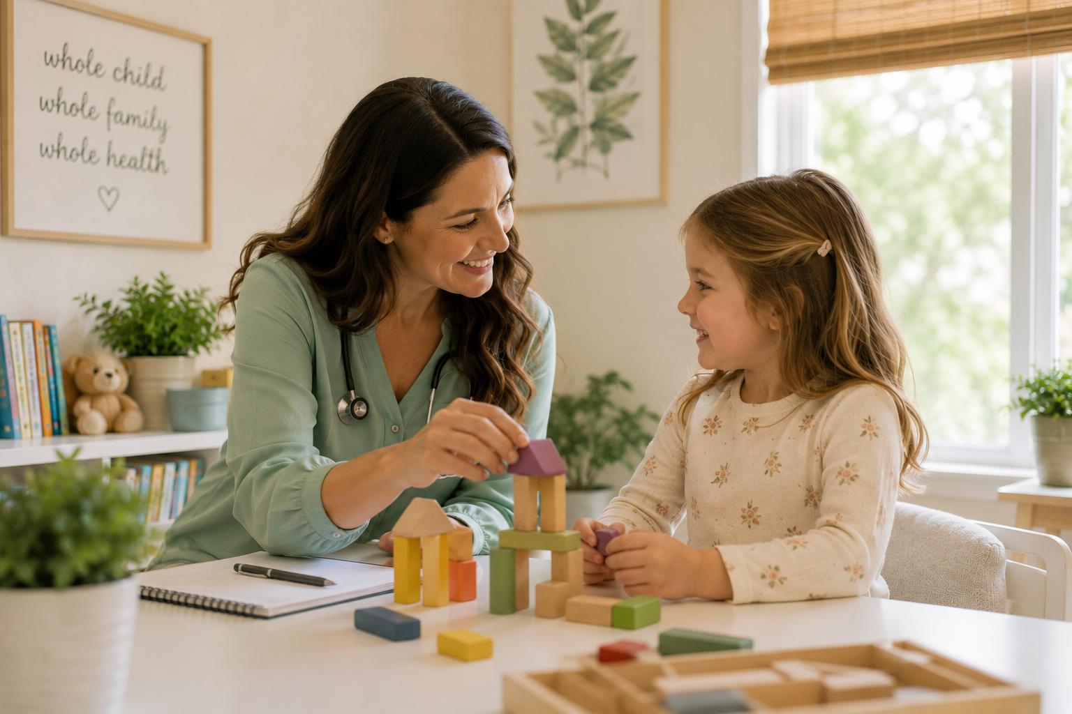 A smiling healthcare professional in a green coat and stethoscope playing with a young girl at a table, stacking colorful blocks in a brightly lit room with educational wall art and plants.