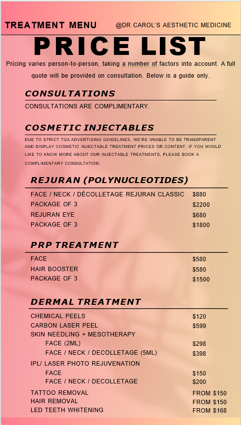 Price list for aesthetic medicine treatments including consultations, cosmetic injectables, Rejuran polydeoxyribonucleotides, PRP therapy, and various dermal treatments with prices for each service listed.
