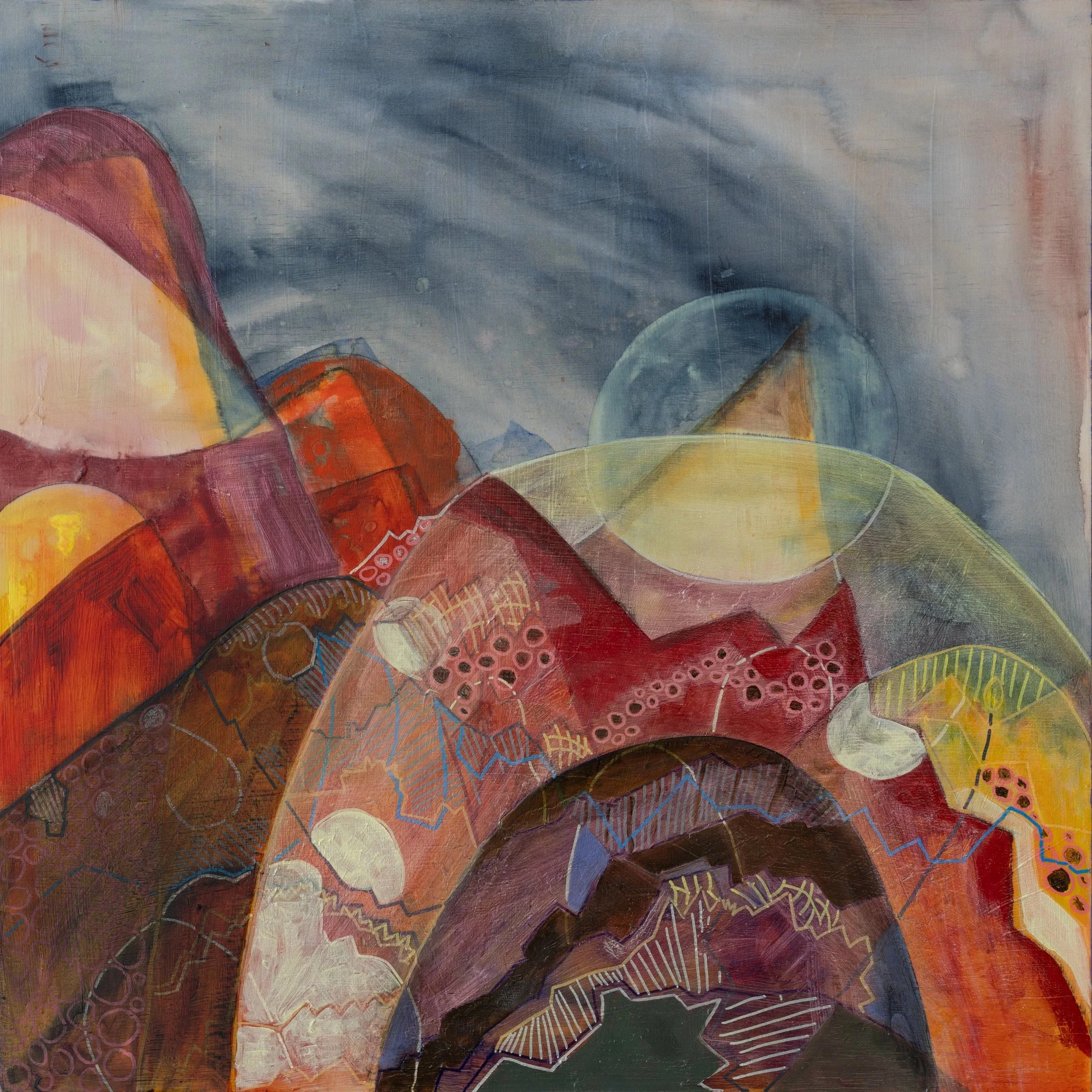 Rising, 2025, SOLD
76x76cm Mixed media on board- 
 (Watercolor, Acrylic, Markers Charcoal and oil)

