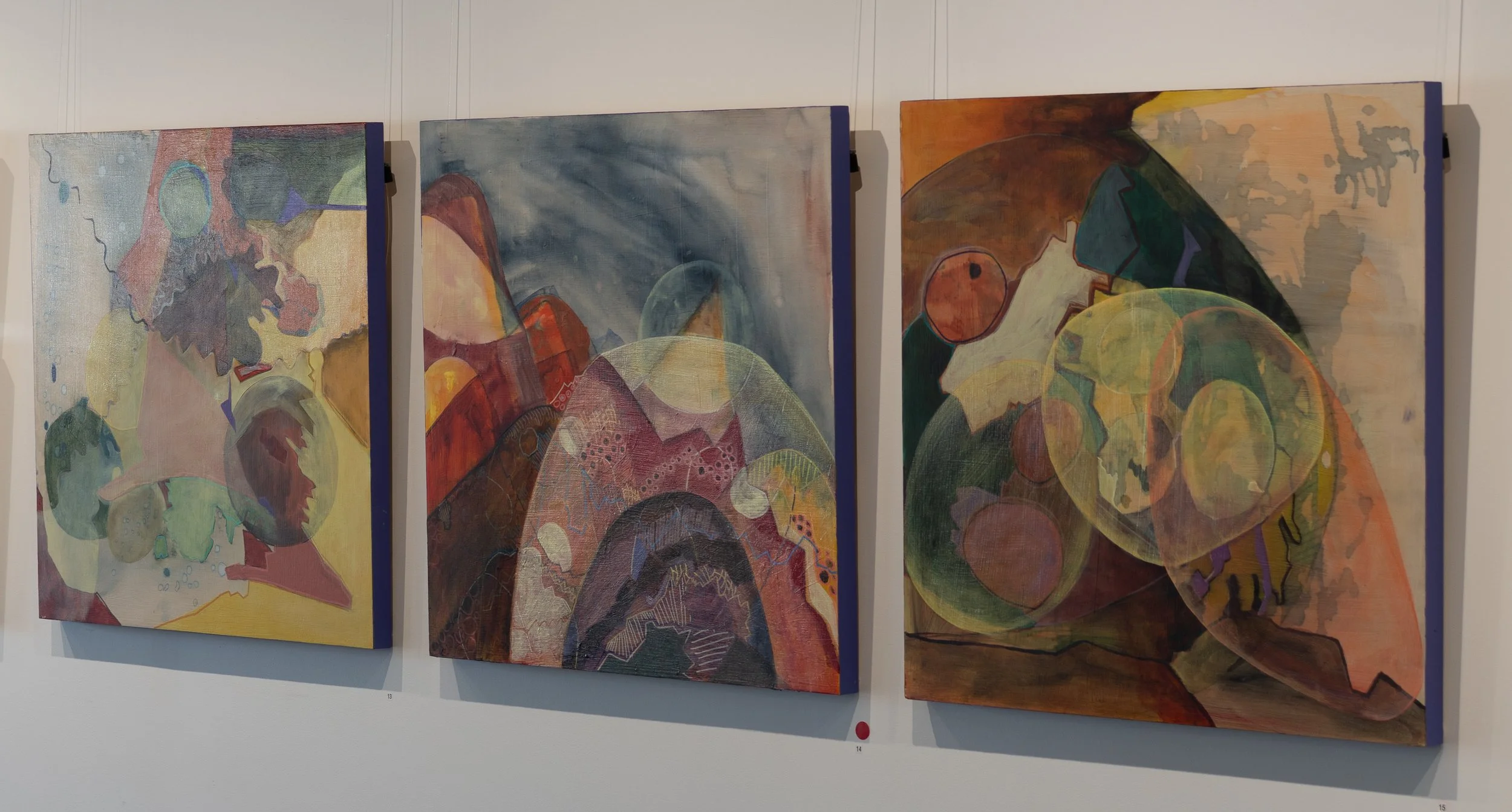 3 Abstract landscape inspired images, 
76cmx76cm- mixed media on Board. 

***The middle work has sold but the left and right piece are available ****