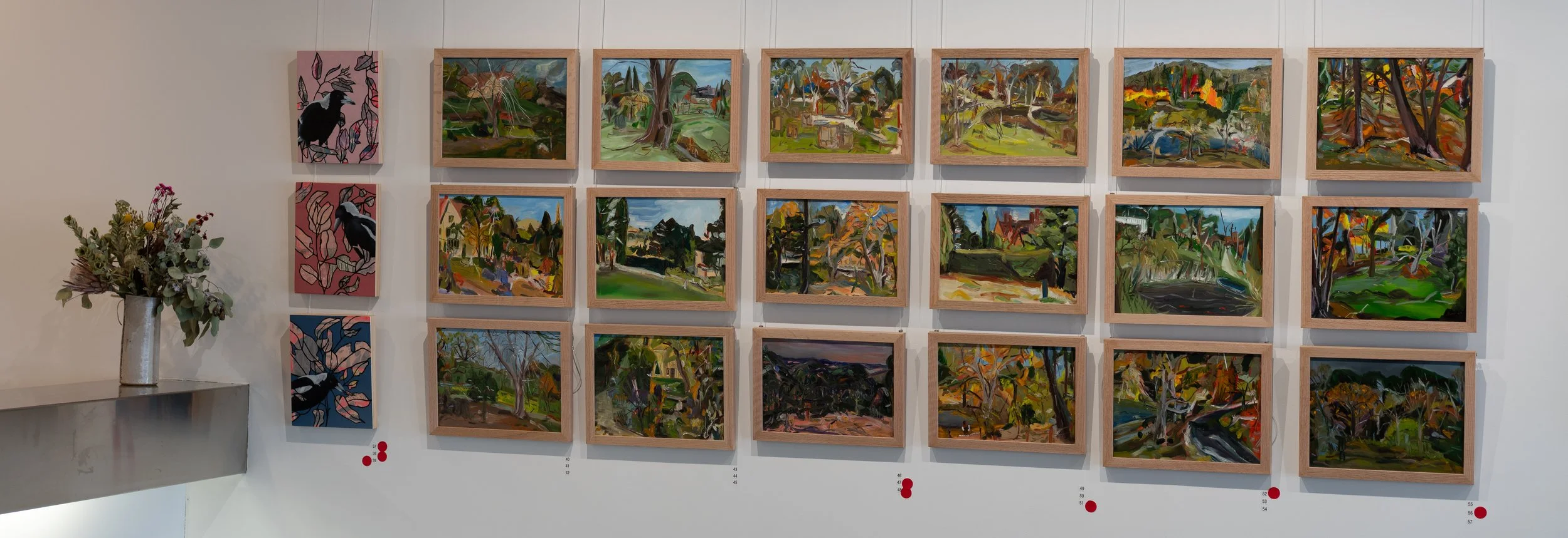 A view of a selection of my plein air works, (works painted from life) framed in oak. 
Please note the 3 magpie images are by Kari Doyle, whom i exhibited with 