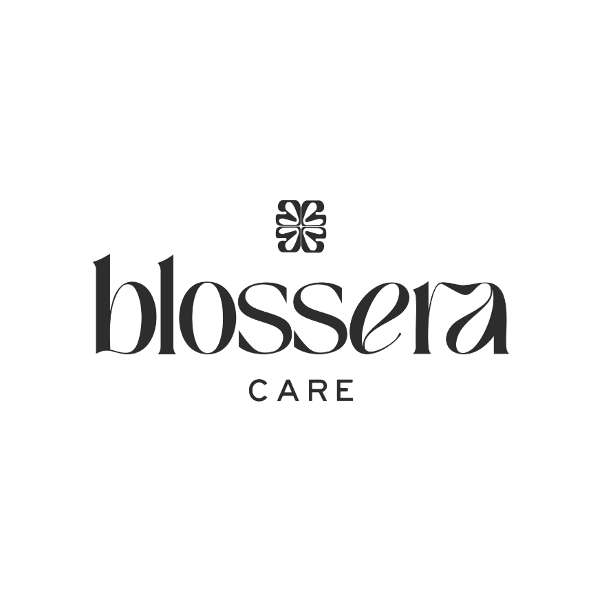 Logo for Blossera Care with a stylized flower above the company name.