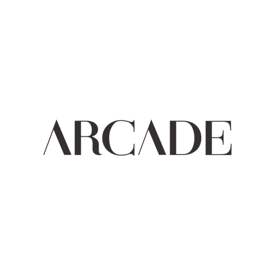 Black background with a simple vector graphic of a DJ turntable above the word "ARCADE" in stylized black font.