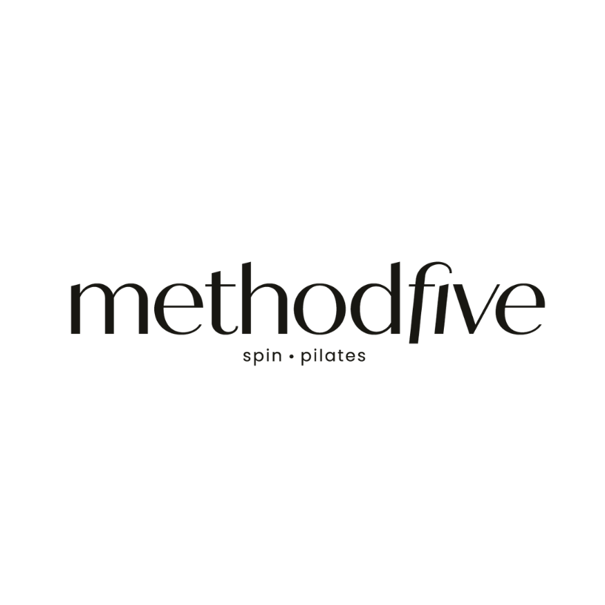 Logo for Method Live, featuring a stylized person in a dynamic pose with one leg raised, above the text 'method live' and the words 'spin · pilates'.