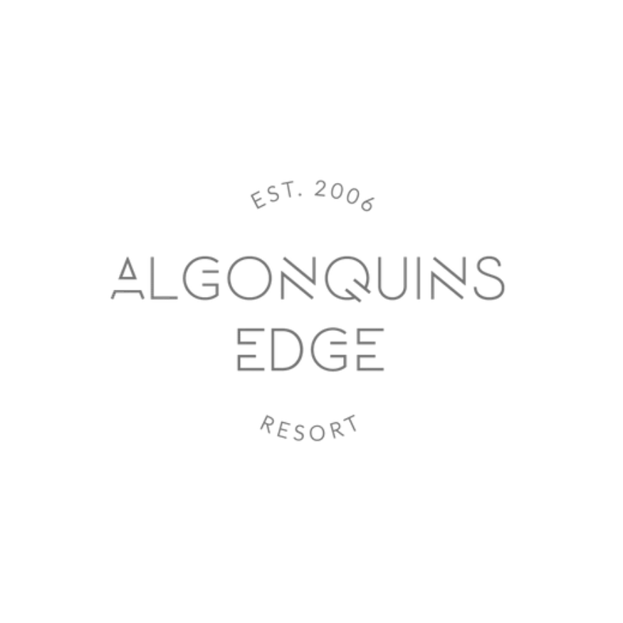 Logo of Algonquins Edge Resort, established in 2006, with a mountain and lakeside background.