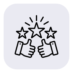 Three stars above two thumbs up signs with rays radiating from the stars.