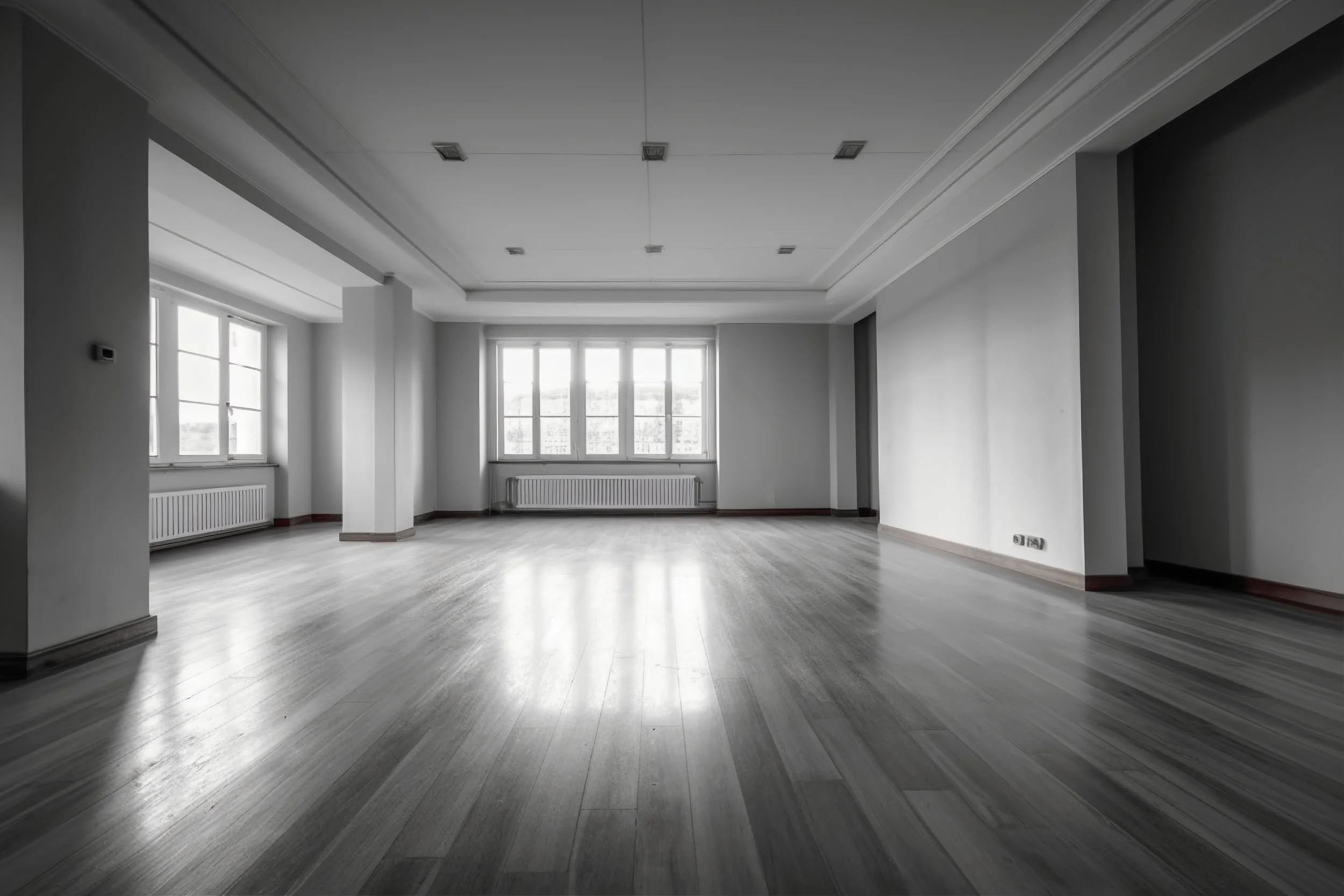 Empty modern apartment room with large windows, hardwood floors, white walls, and minimal decor.