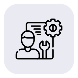 Icon of a person with a gear, wrench, and document, representing technical support or user settings