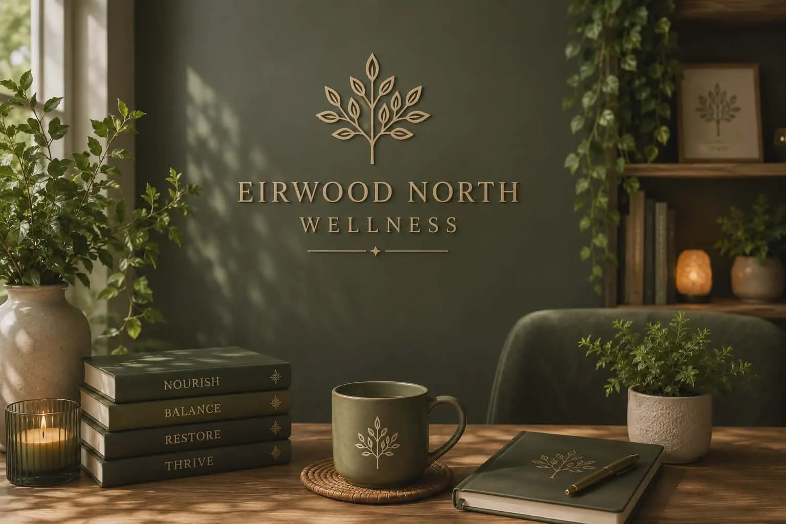 Interior of Eirwood North Wellness, with a wooden table holding a stack of four black books with gold text, a dark green mug with a white logo, a green plant in a white textured pot, a black notebook with a white logo, a pen, and a lit candle in a black holder. The background features a green wall with a logo and name, and a shelf with plants and decor.