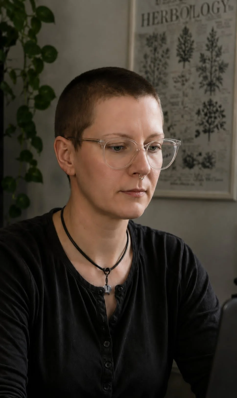 A person with a short hairstyle and glasses, wearing a black shirt and layered necklaces, looking at a device indoors. Behind them is a plant and a botanical chart on the wall.
