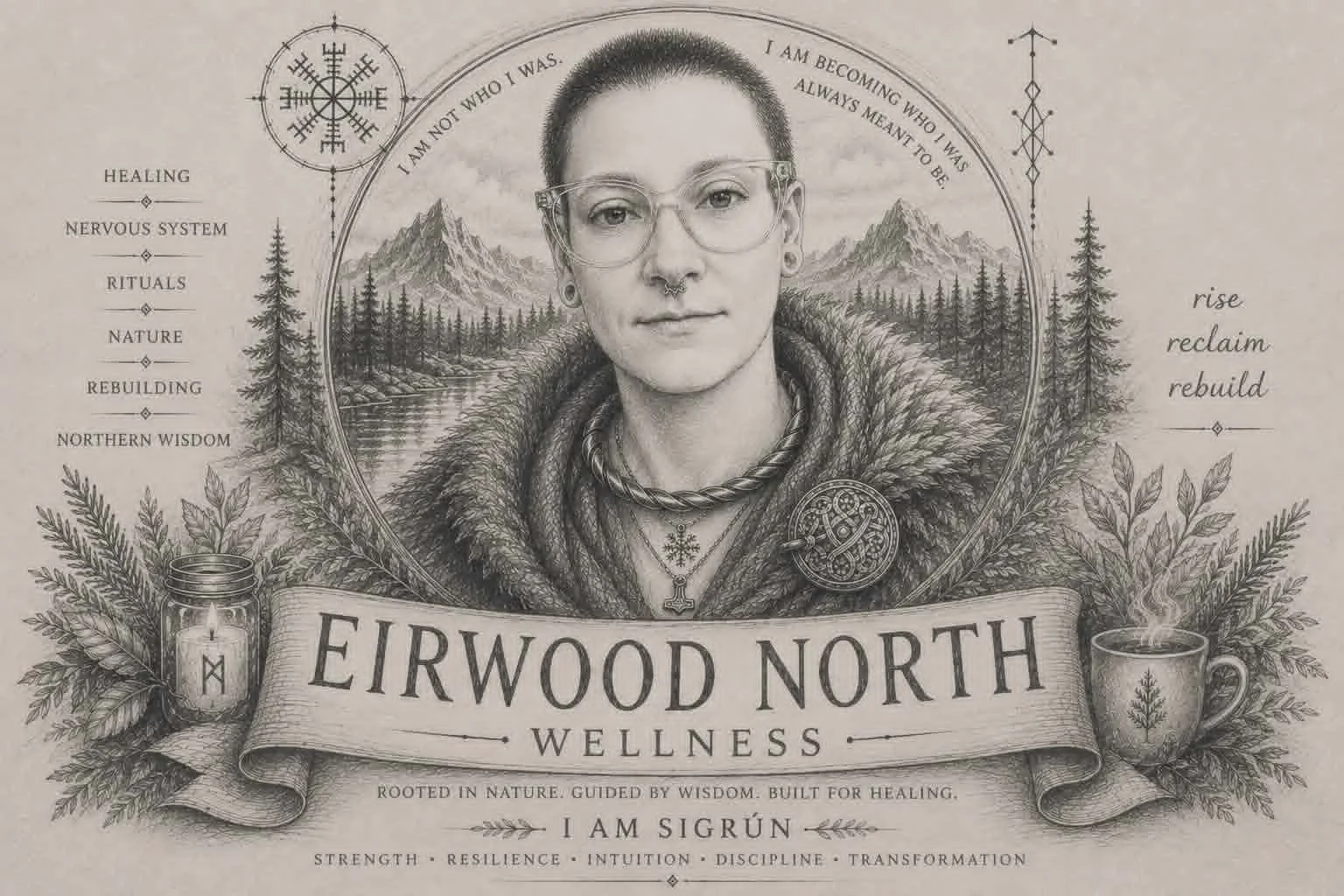 Black and white illustration of a woman with short hair, glasses, and tribal jewelry, surrounded by mountains, trees, and nature symbols. The text includes wellness and healing themes, with a banner reading 'EIRWOOD NORTH WELLNESS' and various affirmations and qualities such as resilience and discipline.
