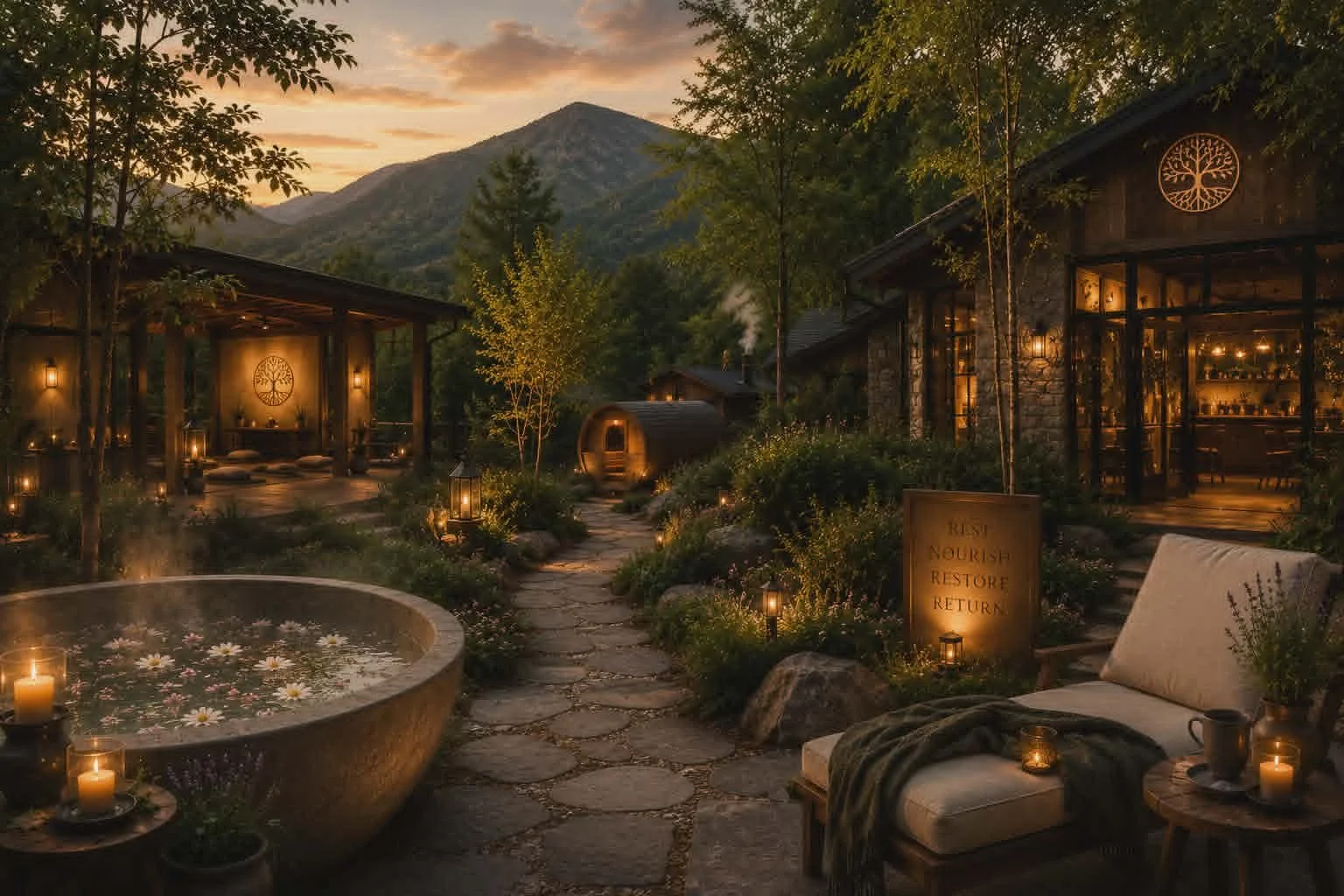 A cozy outdoor space at sunset with a mountain view in the background. There is a round bath filled with floating flowers, surrounded by candles. The area is lit with warm lights, with two rustic buildings and a small tunnel-like structure. A sign reads: 'Rest, Nourish, Restore, Return.' There is seating with cushions and a small table with candles and potted plants.