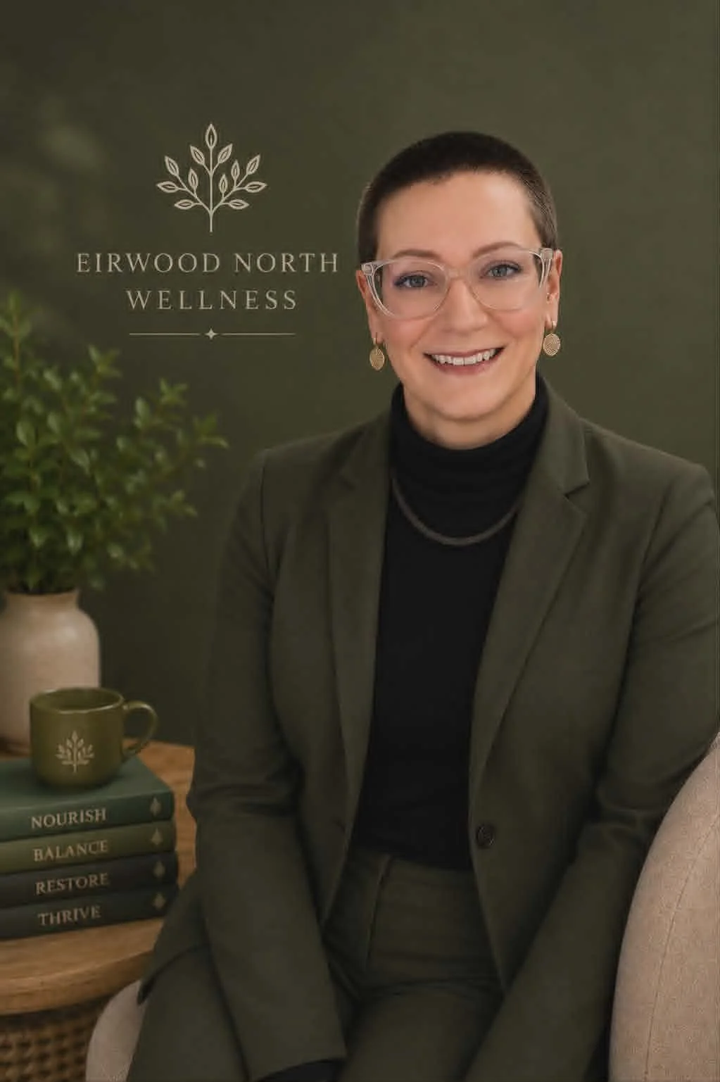 A woman with short dark hair, glasses, and earrings, wearing a green suit, sitting indoors with a smile. Behind her is a green wall with 'EIRWOOD NORTH WELLNESS' printed, along with a leaf graphic. To her left, on a small wooden table, are stacked books titled 'NOURISH,' 'BALANCE,' 'RESTORE,' and 'THRIVE,' with a green mug and a potted plant.