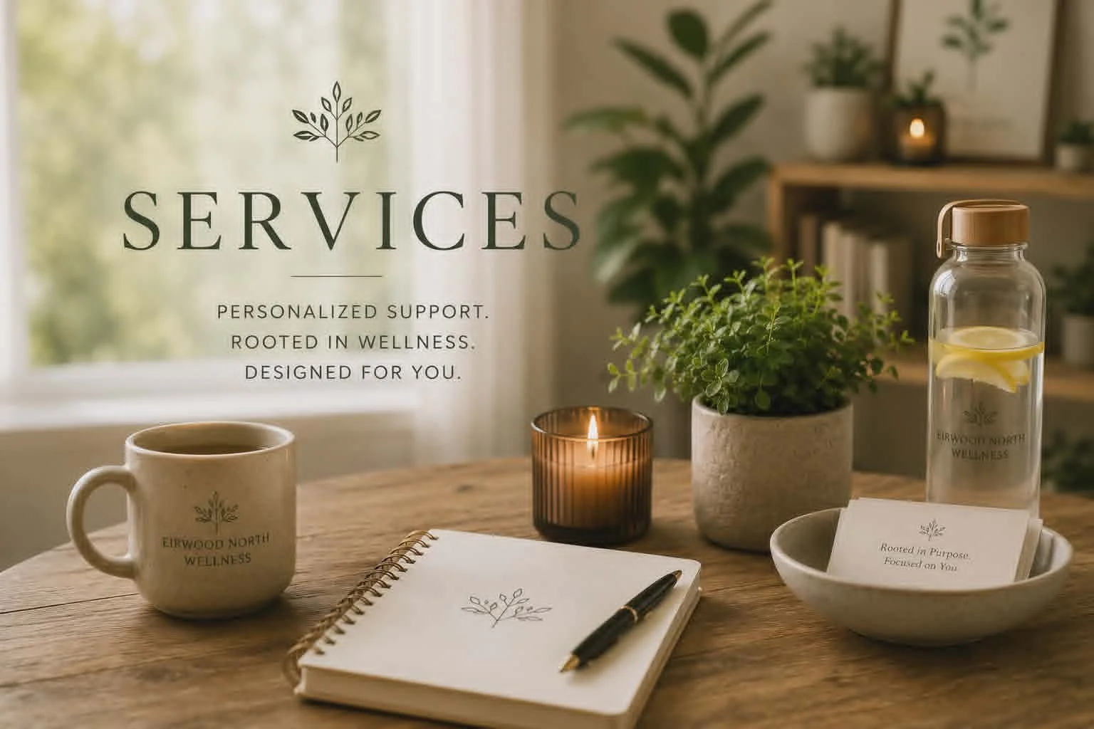 A cozy wellness support workspace with a beige coffee mug, a black pen on a spiral notebook with a tree logo, a lit candle, a potted green plant, and a glass water bottle with lemon slices on a wooden table. Background has shelves with books, potted plants, and a candle. Overlay text reads: "Services: Personalized support. Rooted in wellness. Designed for you."