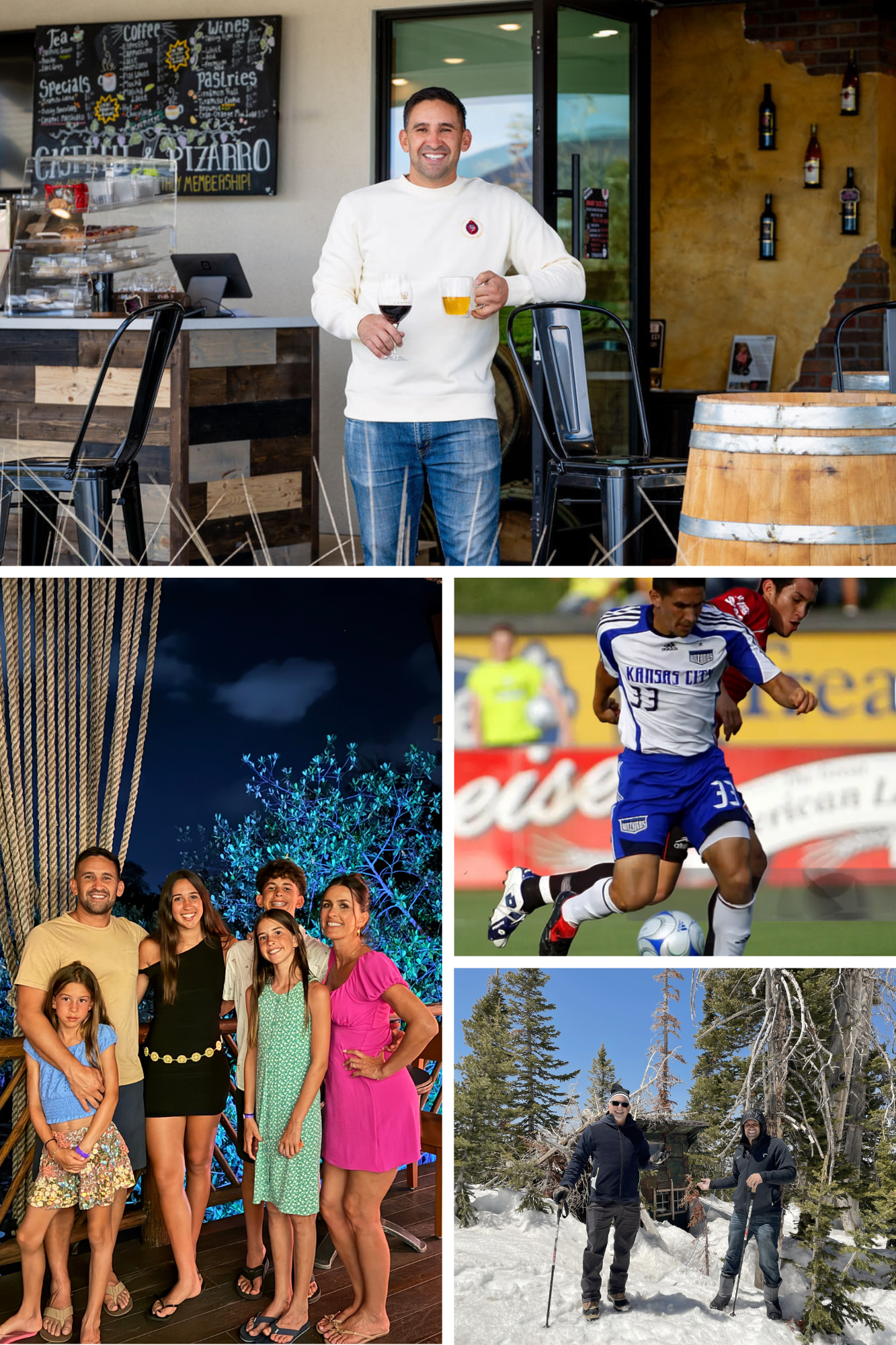 a collage of outdoor and indoor scenes: the top image shows a man smiling inside a cafe or restaurant holding a glass of red wine and a glass of beer; the middle right image depicts a soccer player in a blue and white uniform during a game; the middle left image is a group of people smiling indoors with a night sky and illuminated trees in the background; the bottom right image shows two people snowshoeing in a snowy forest, and the bottom left image shows a mountain landscape with tall pine trees and a partially covered wooden cabin.