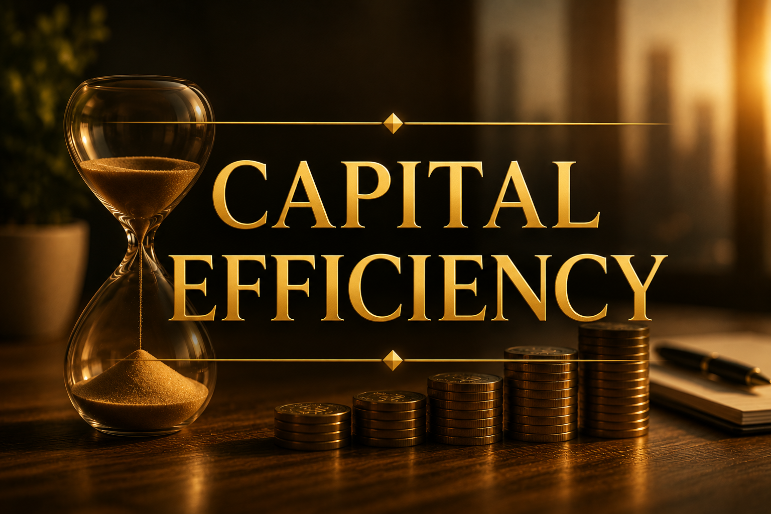 An hourglass filled with sand, six stacks of gold coins in increasing height, and the words 'CAPITAL EFFICIENCY' in gold, set on a wooden surface with a blurred background.