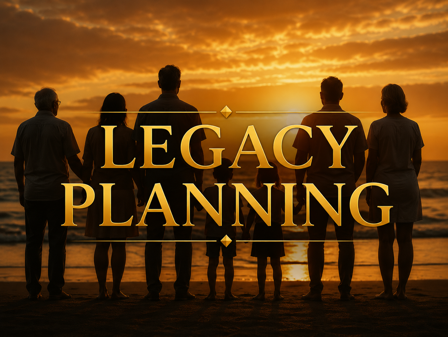 A group of seven people holding hands on the beach at sunset, with the words "Legacy Planning" overlaid in large gold letters.