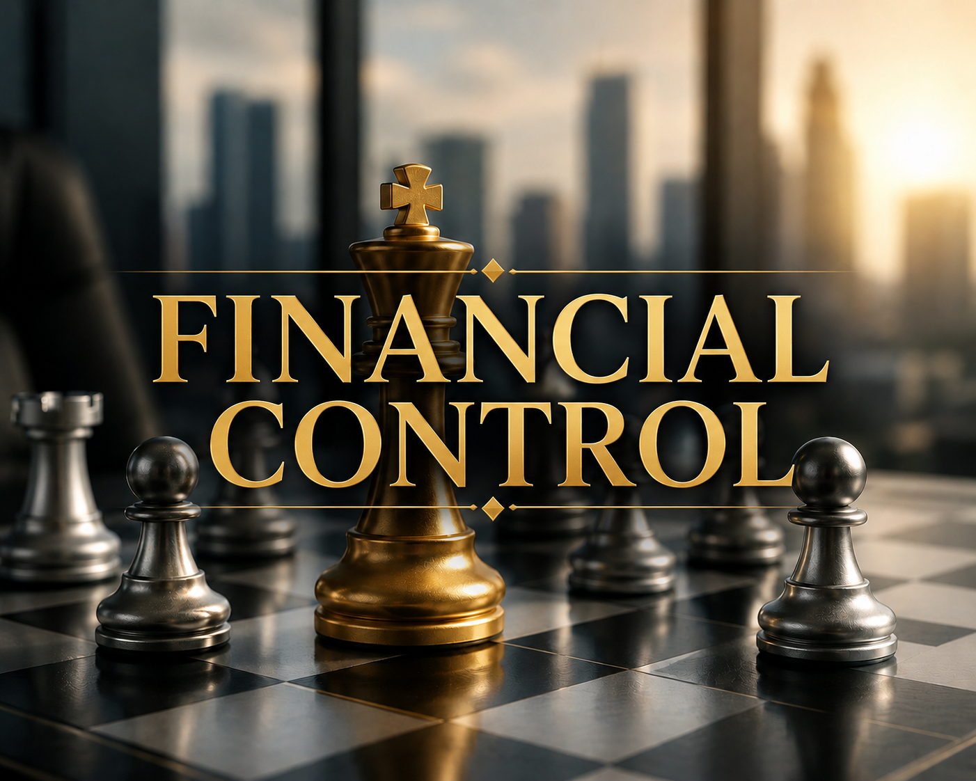 Gold chess king and the words "Financial Control" over a chessboard with other chess pieces in the background.