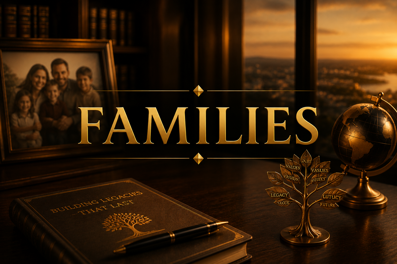 Close-up of a desk with a family portrait, a book titled 'Building Legacies That Last,' a pen, a decorative tree with words like 'Values' and 'Legacy,' a globe, and the word 'Families' in large gold letters, set against a window with a sunset view.