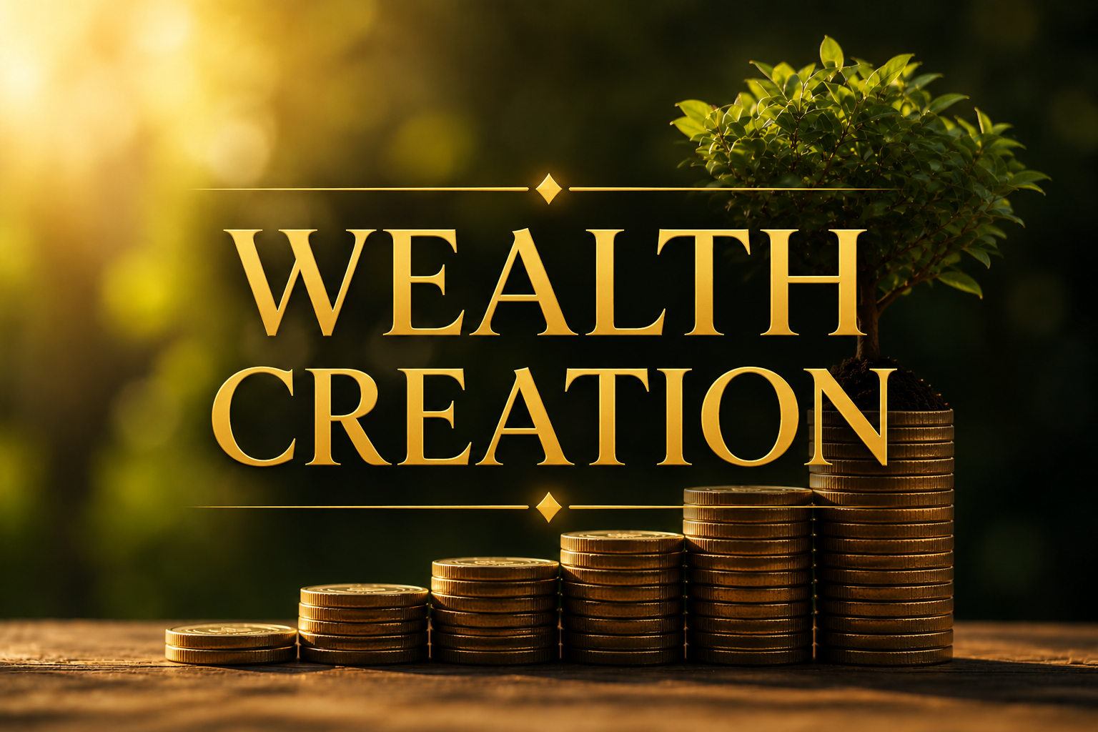 A small potted plant growing on stacked gold coins with the words 'WEALTH CREATION' in gold lettering over a warm, glowing background.