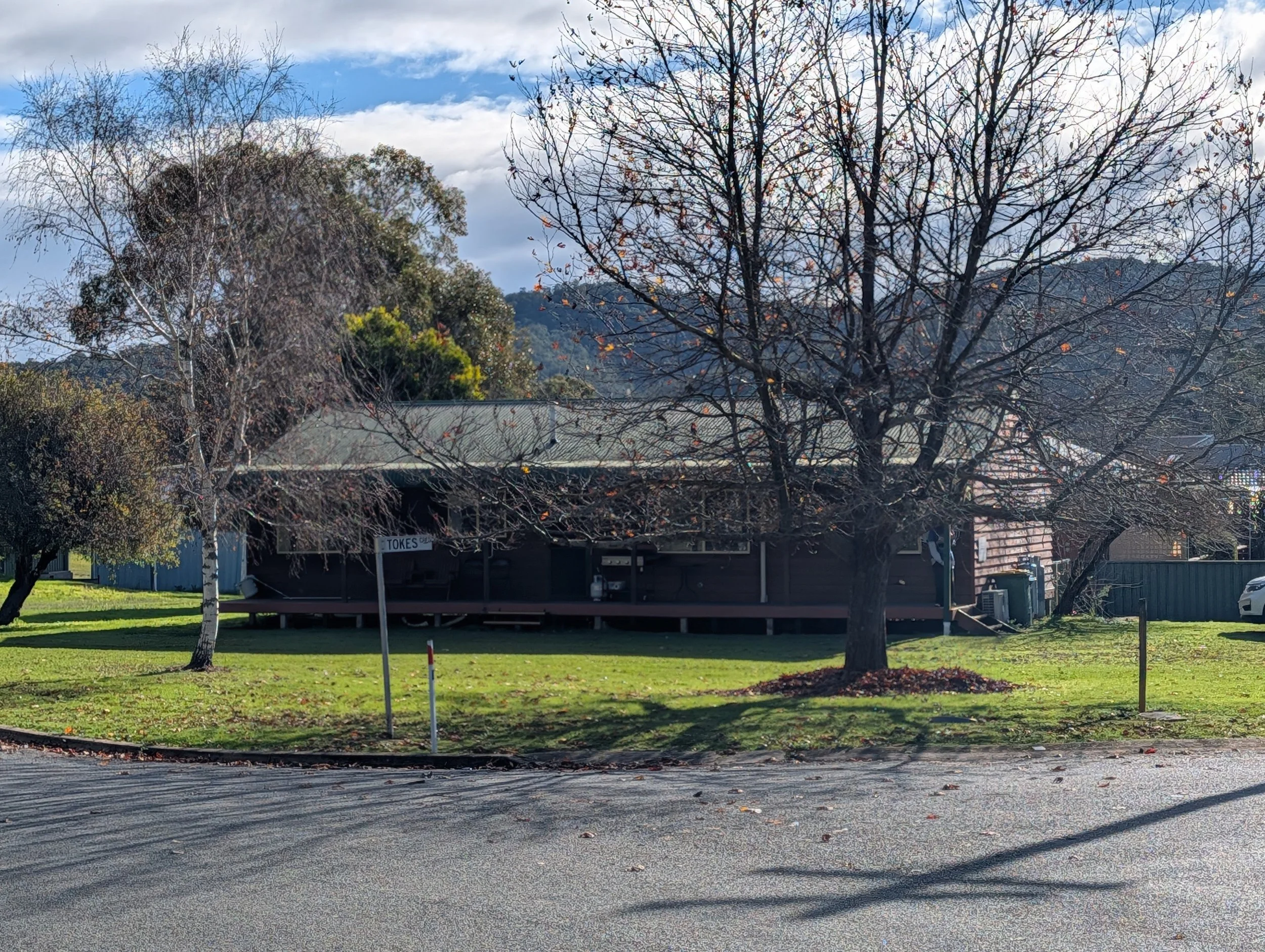 A street with a grassy park area, leafless trees, a building with a metal roof, and hills in the background on a partly cloudy day.