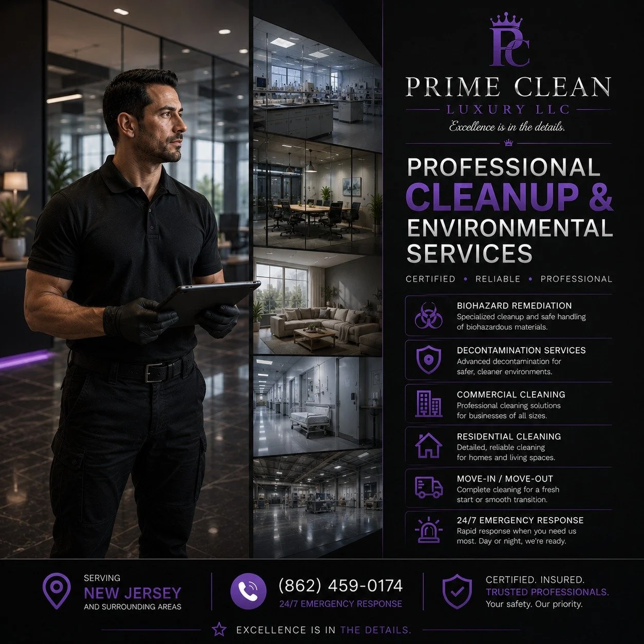 🛡️ Professional Cleanup &amp; Environmental Services

At Prime Clean Luxury, we believe every environment deserves professionalism, respect, and attention to detail.

From residential and commercial cleaning to specialized environmental services, ou