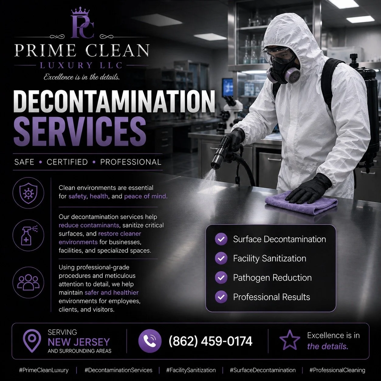 ✨ DECONTAMINATION SERVICES
SAFE &bull; CERTIFIED &bull; PROFESSIONAL

Clean environments are essential for safety, health, and peace of mind.

Our decontamination services help reduce contaminants, sanitize critical surfaces, and restore cleaner envi