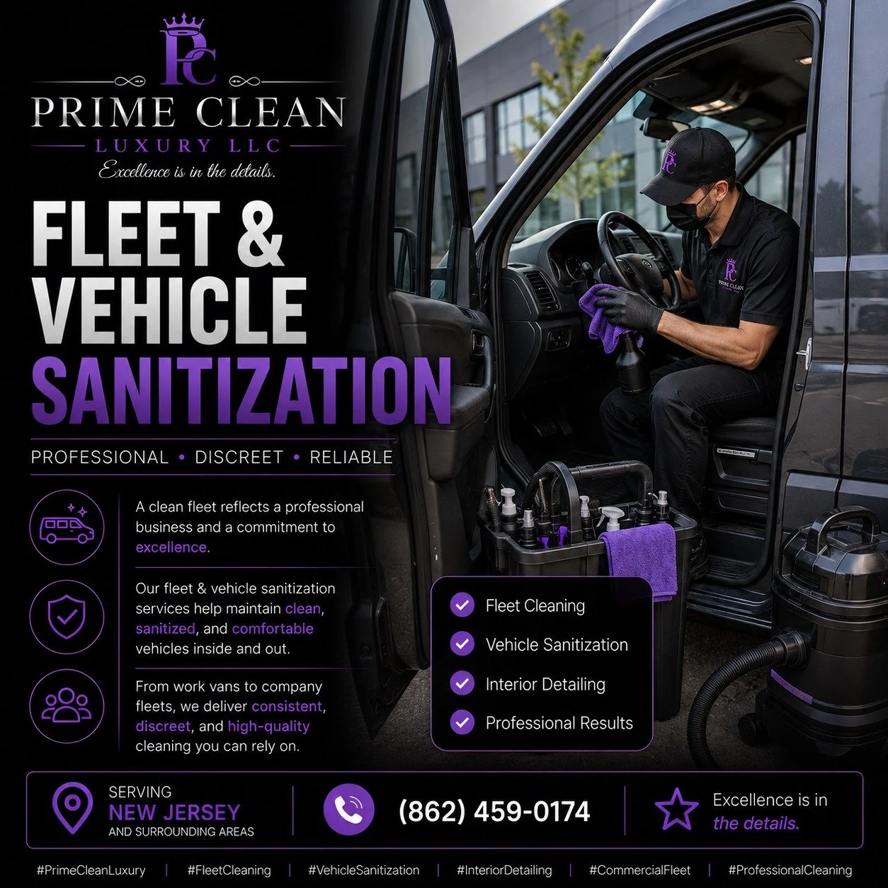 ✨ FLEET &amp; VEHICLE SANITIZATION
PROFESSIONAL &bull; DISCREET &bull; RELIABLE

A clean vehicle reflects a professional business.

Our fleet and vehicle sanitization services help maintain company vehicles, service vans, and commercial fleets with c