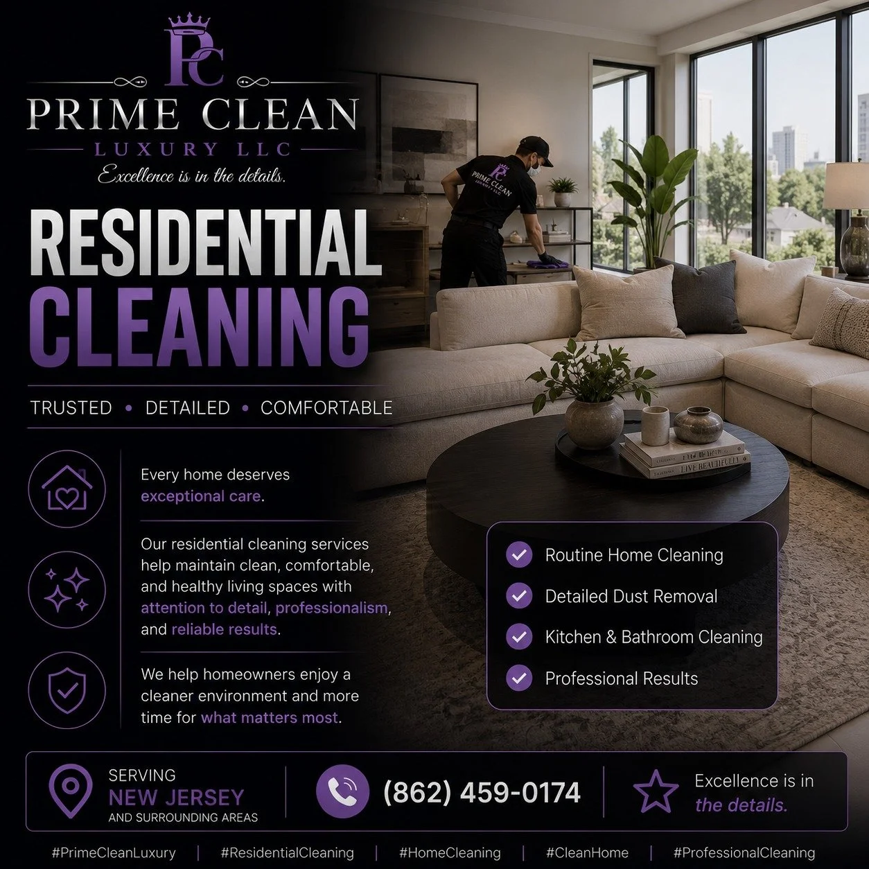 ✨ RESIDENTIAL CLEANING
TRUSTED &bull; DETAILED &bull; COMFORTABLE

Every home deserves exceptional care.
Our residential cleaning services help maintain clean, comfortable, and healthy living spaces with attention to detail, professionalism, and reli