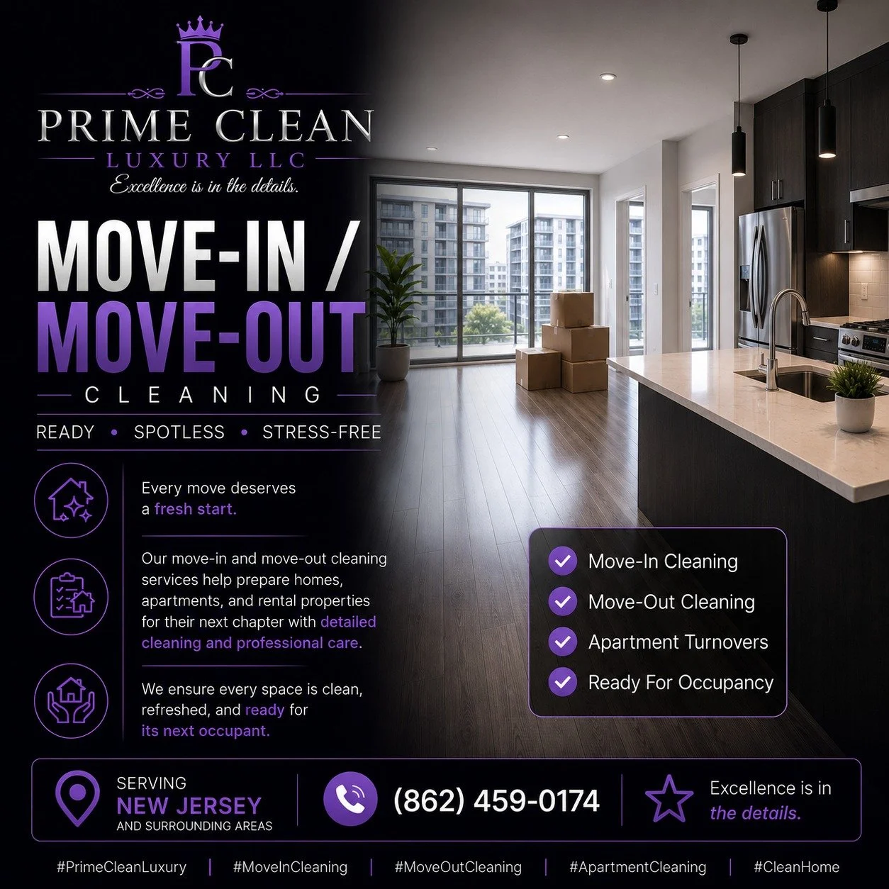 ✨ MOVE-IN / MOVE-OUT CLEANING
READY &bull; SPOTLESS &bull; STRESS-FREE

Every move deserves a fresh start.
Our move-in and move-out cleaning services help prepare homes, apartments, and rental properties for their next chapter with detailed cleaning,