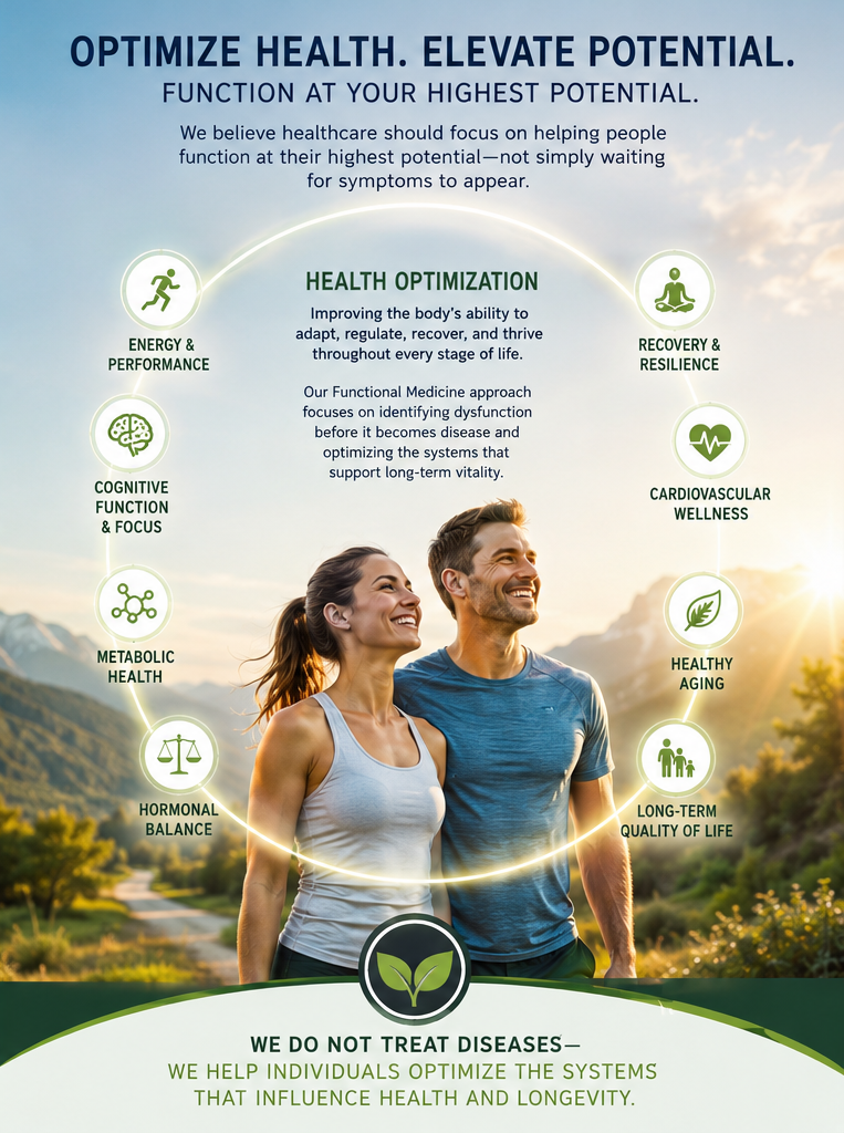 An outdoor scene of a smiling young woman and man standing in a green field with mountains and a partly cloudy sky in the background, promoting health optimization.