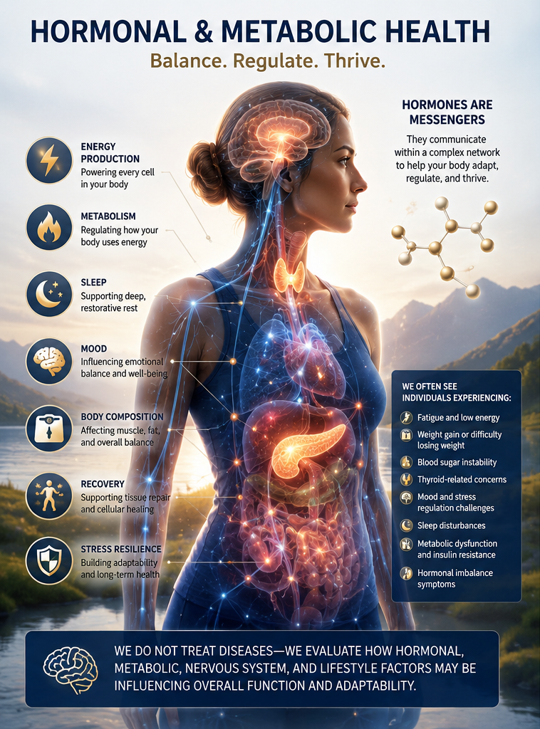 Diagram of human body showing organs, illustrating hormonal and metabolic health, energy, sleep, mood, stress resilience, and common imbalance symptoms.