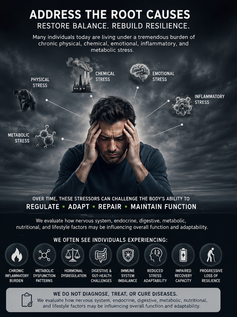 Infographic illustrating how physical, chemical, emotional, inflammatory, and metabolic stressors impact overall health, using categorized icons to show their role in the body’s stress response and wellness outcomes.