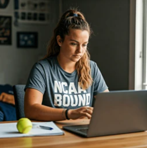 Young woman with long hair working on a laptop at a wooden desk, wearing a navy T-shirt with 'NCAA BOUND' printed on it, next to a yellow tennis ball and notebooks, in a room with natural light.