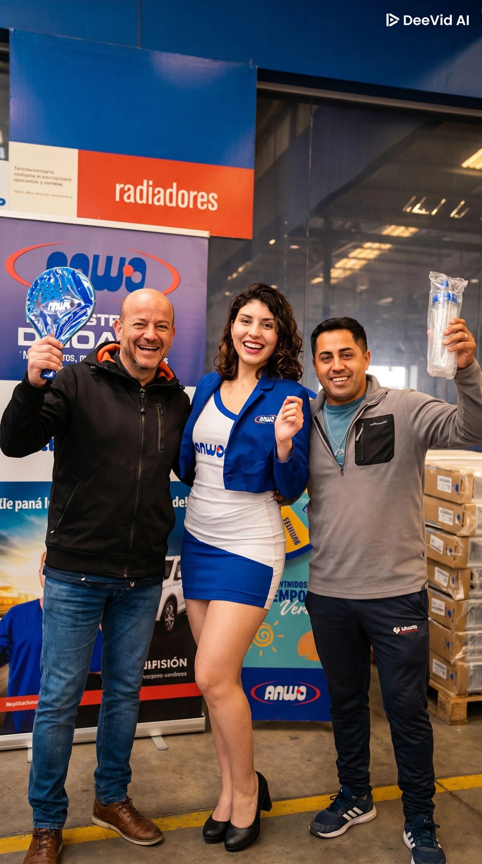 Three people smiling and raising objects in their hands inside a store, with signs indicating radiator products and a background of boxes and banners.
