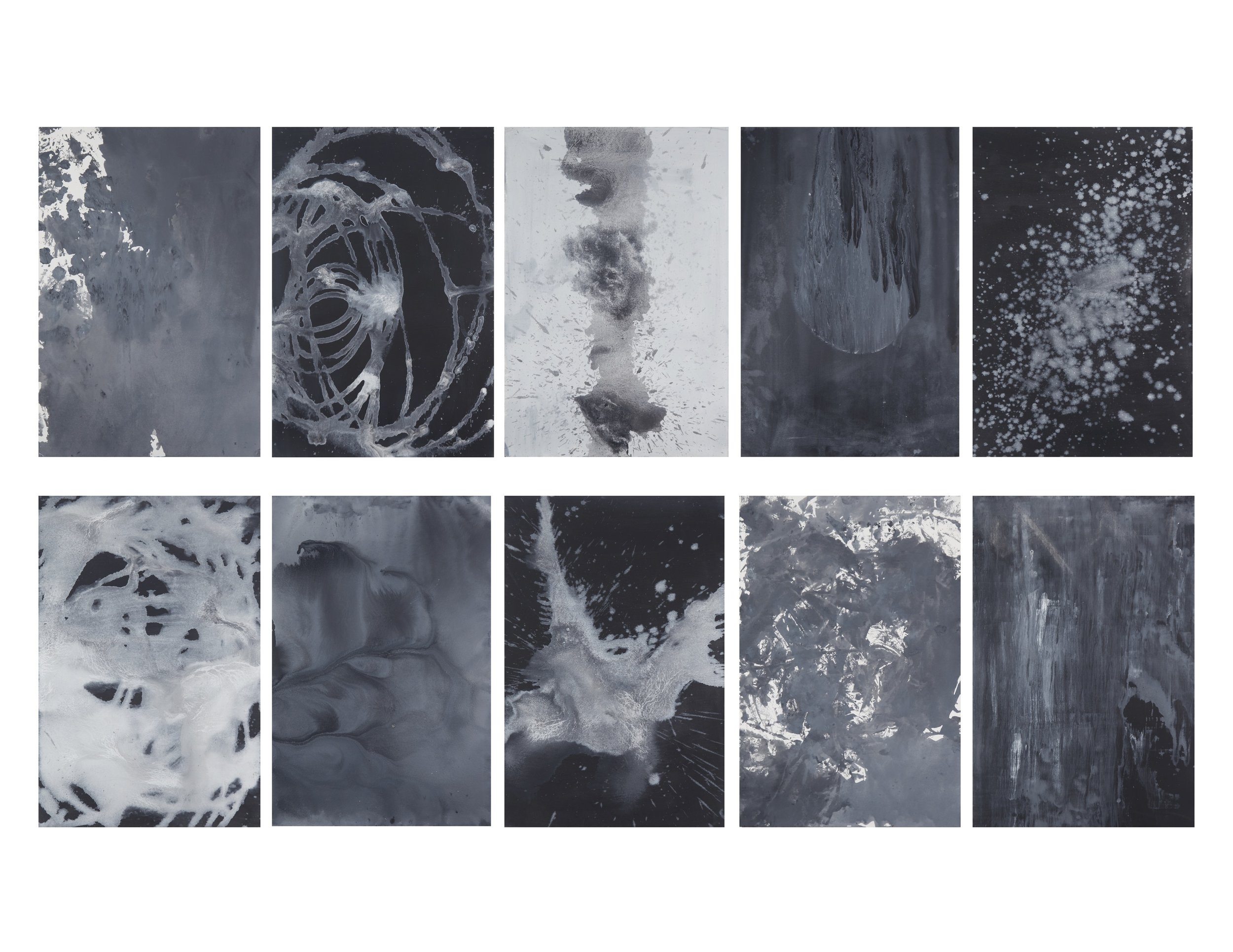 Collection of artistic black and white abstract images with swirling patterns, textures resembling water or ink, and splattered effects.