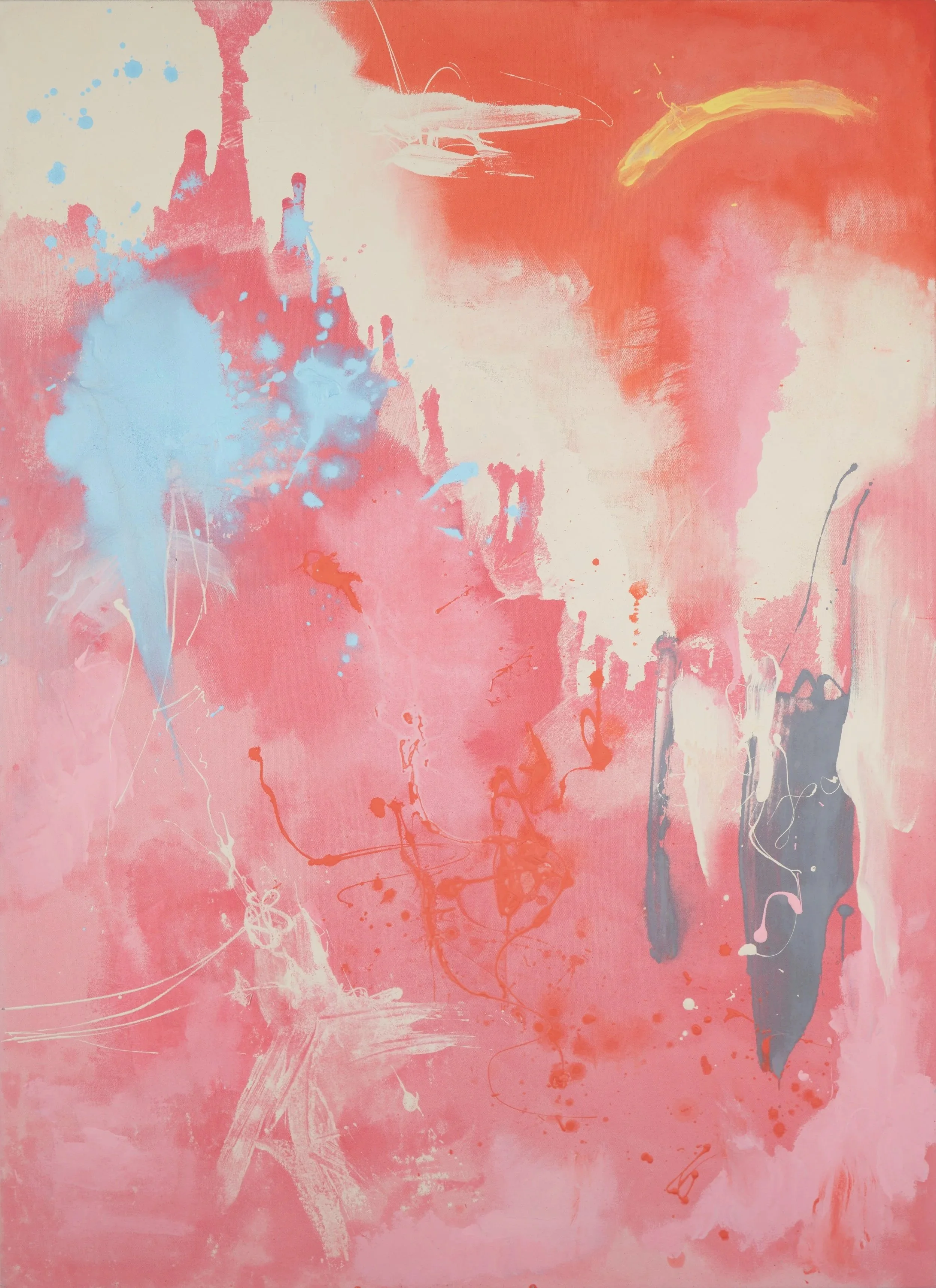 Abstract painting with shades of pink, orange, and hints of blue and gray, featuring splatters, drips, and brushstroke textures.