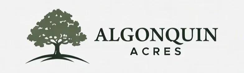 Logo with a silhouette of a tree and the text 'Algonquin Acres'