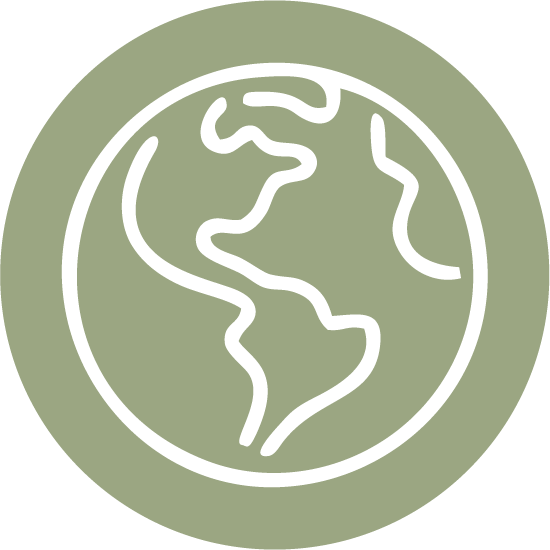 Line drawing of Earth in a circular, muted green background.